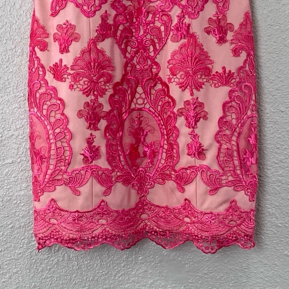 JVN by Jovani Bonny Dress Pink Crochet Lace Beige Sheer Cocktail Mini - Picture 4 of 13